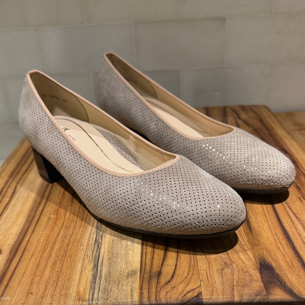 Ara Nude Metallic Perforated Low Block Heel Pumps